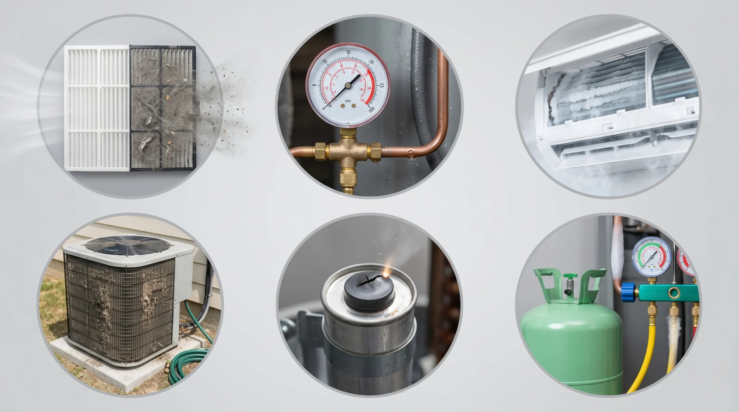 Dirty air filter, HVAC pressure gauge, frozen evaporator coil, outdoor AC unit, compressor component, and refrigerant tank illustrating common air conditioning issues and maintenance factors