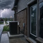 Homeowner checking electrical panel as lightning storm hits outside 