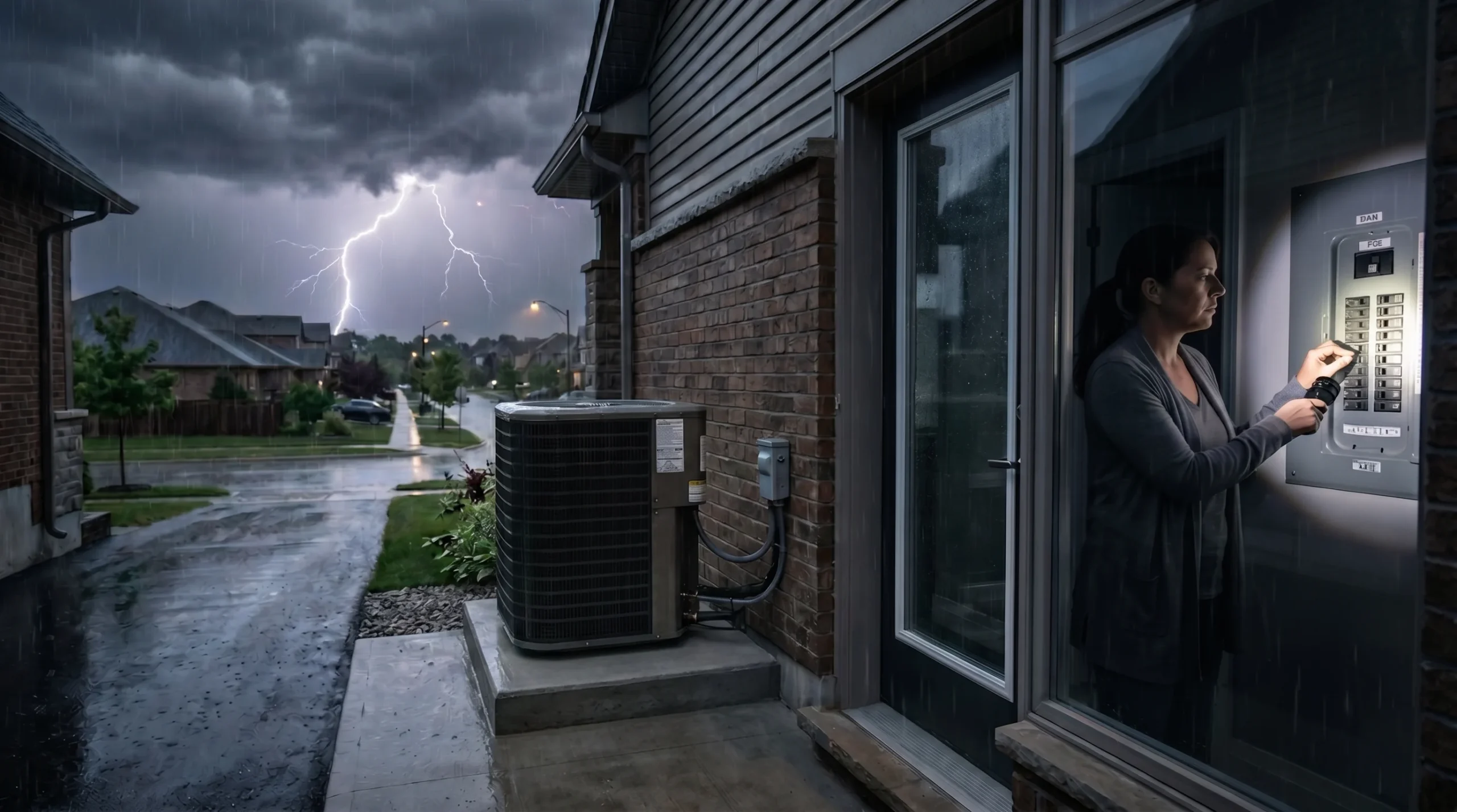 Homeowner checking electrical panel as lightning storm hits outside