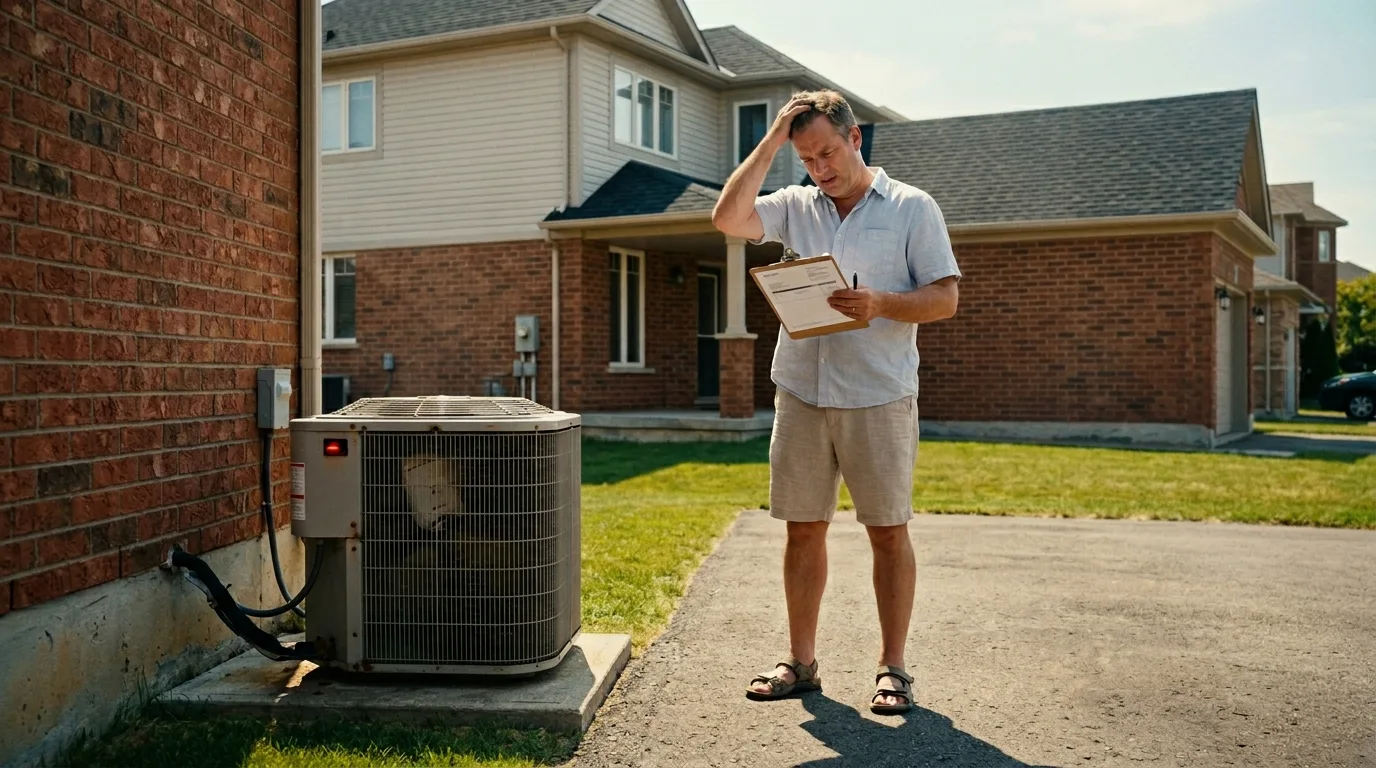 Flat vector illustration of an Ontario homeowner looking at a broken air conditioning unit while holding a repair invoice, set against a bright summer heatwave backdrop.