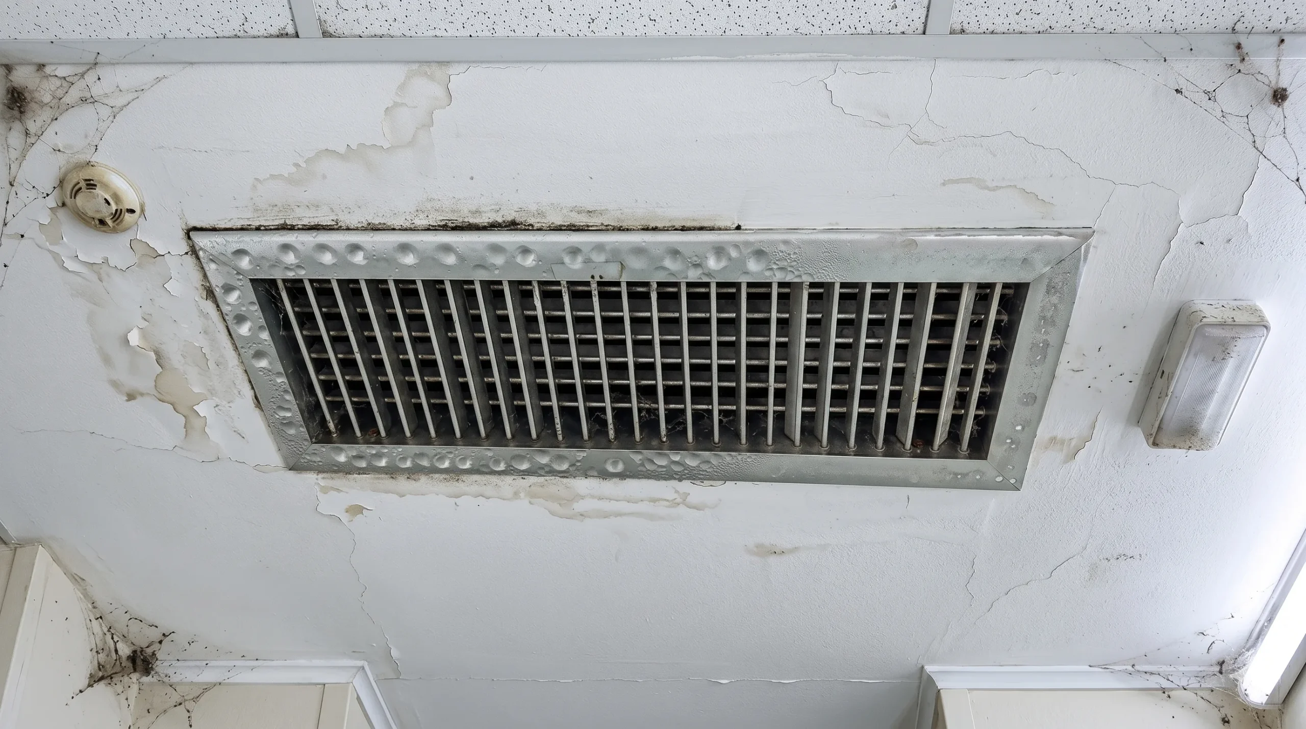 Split image showing two causes of AC water leakage: a clogged drain line with algae buildup causing dripping water, and a frozen evaporator coil melting and leaking from a wall-mounted air conditioner indoors