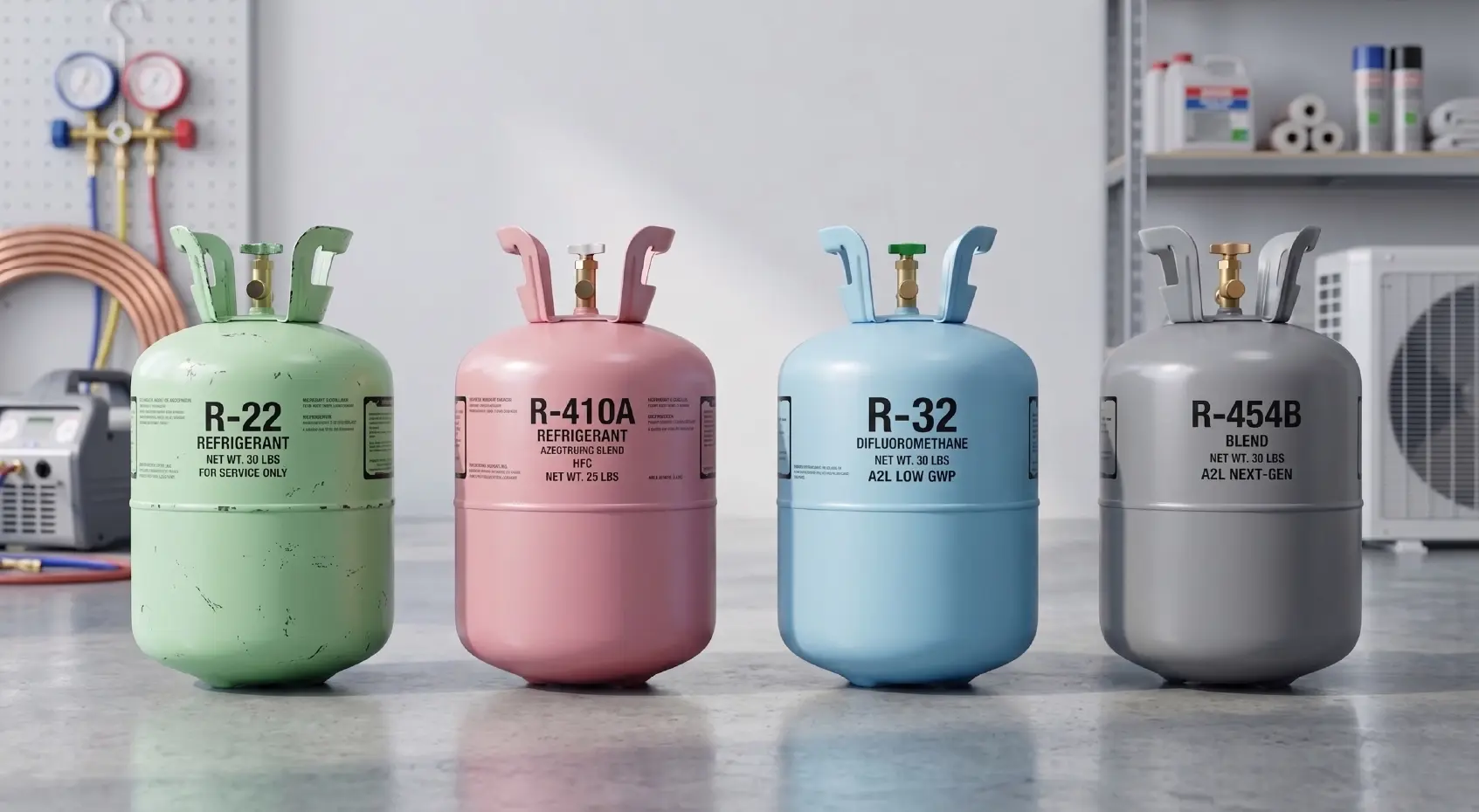 R-22, R-410A, R-32 and R-454B HVAC refrigerant cylinders showing the transition to lower-GWP refrigerants