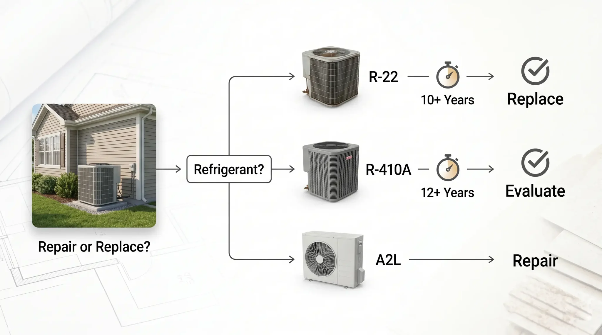 HVAC repair or replacement decision guide comparing R-22, R-410A and A2L air conditioning systems by age and refrigerant type