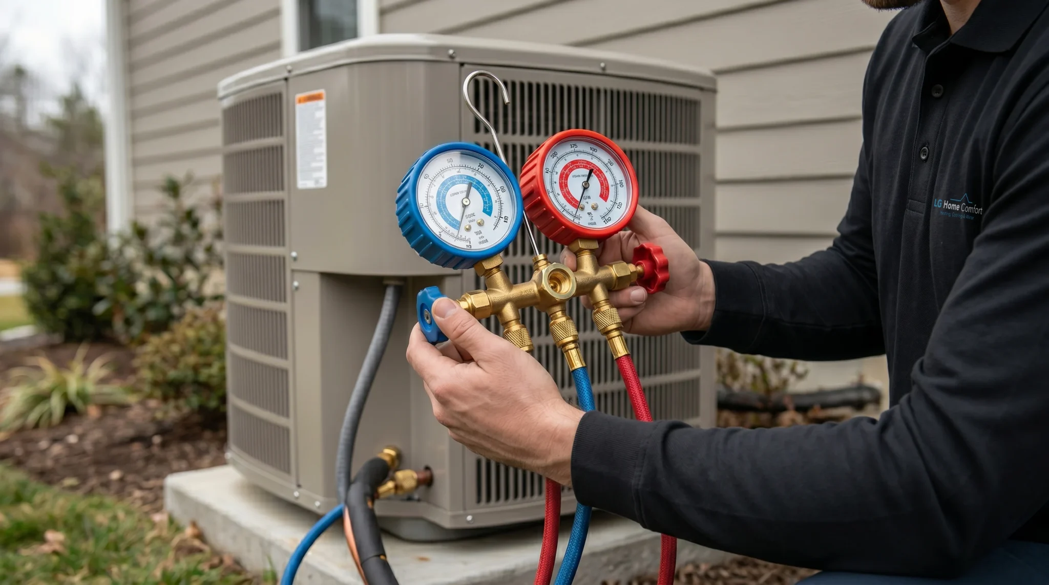 Analyzing analog manifold gauges connected to exterior residential HVAC compressor for precise cooling system calibration