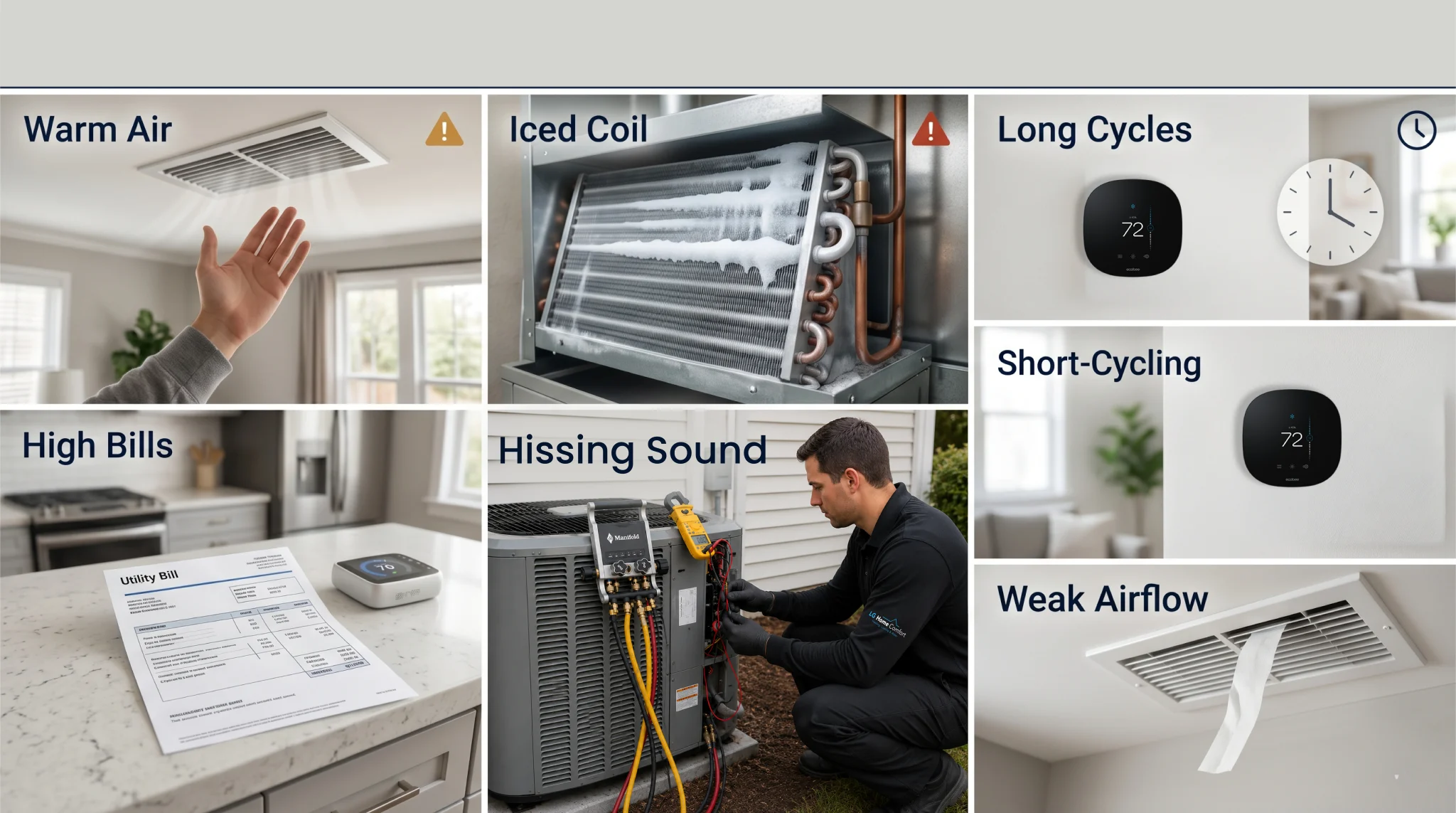 Identifying critical air conditioning malfunctions including frozen evaporator coils, restricted vent draft, audible condenser leaks, and erratic thermostat cycling.