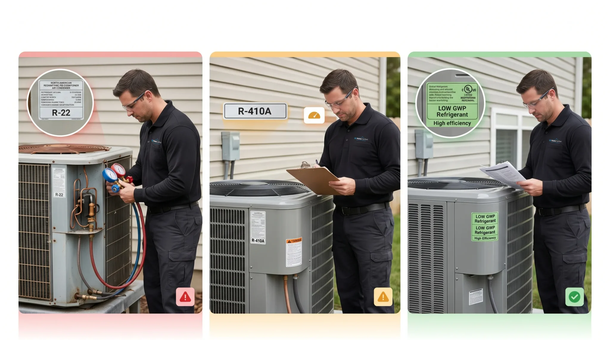 Comparative HVAC system audit illustrating refrigerant evolution from obsolete R-22 through transitional R-410A toward sustainable low GWP high-efficiency cooling