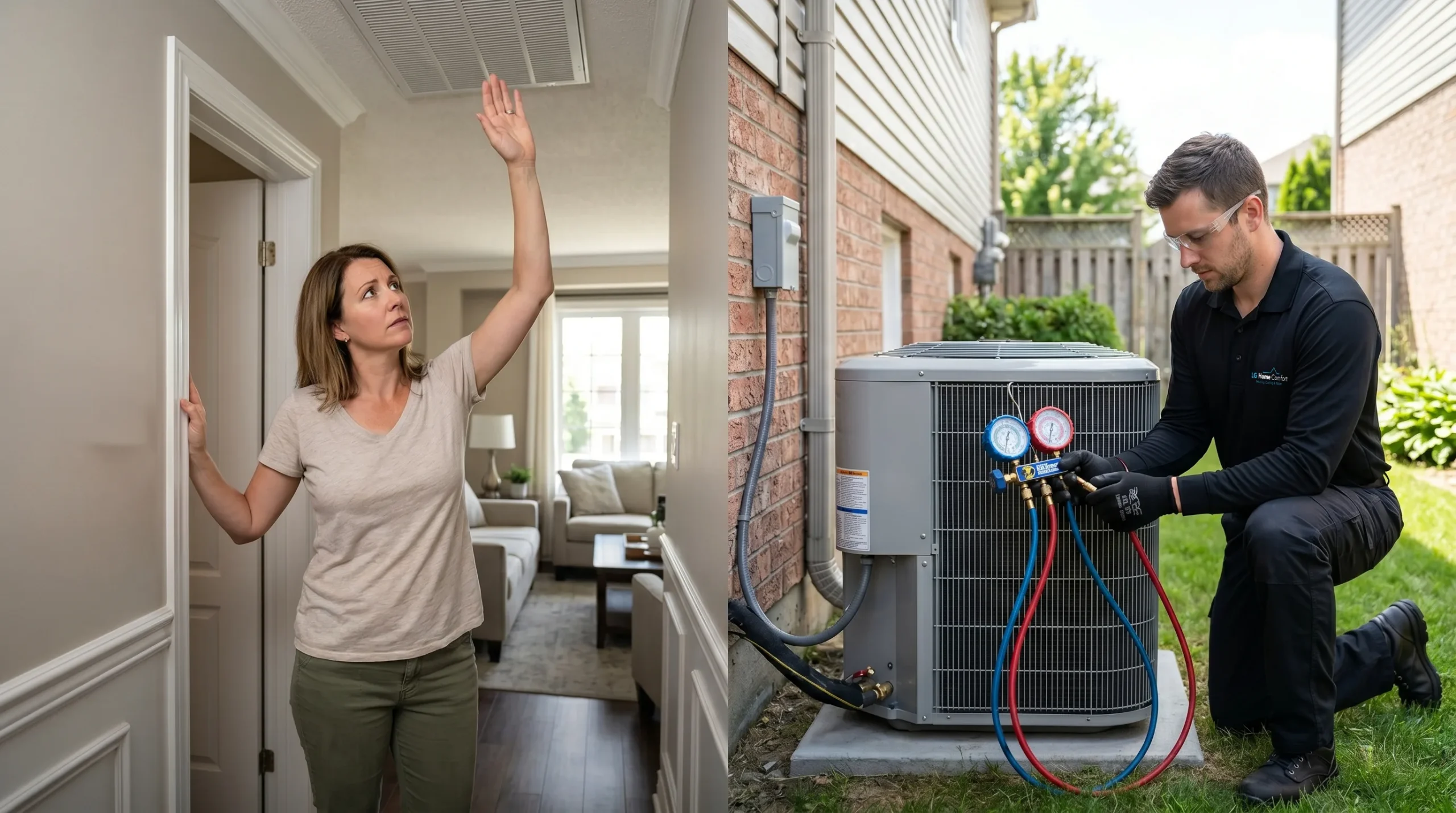 Evaluating indoor AC vent airflow alongside professional diagnosing outdoor condenser refrigerant pressures.