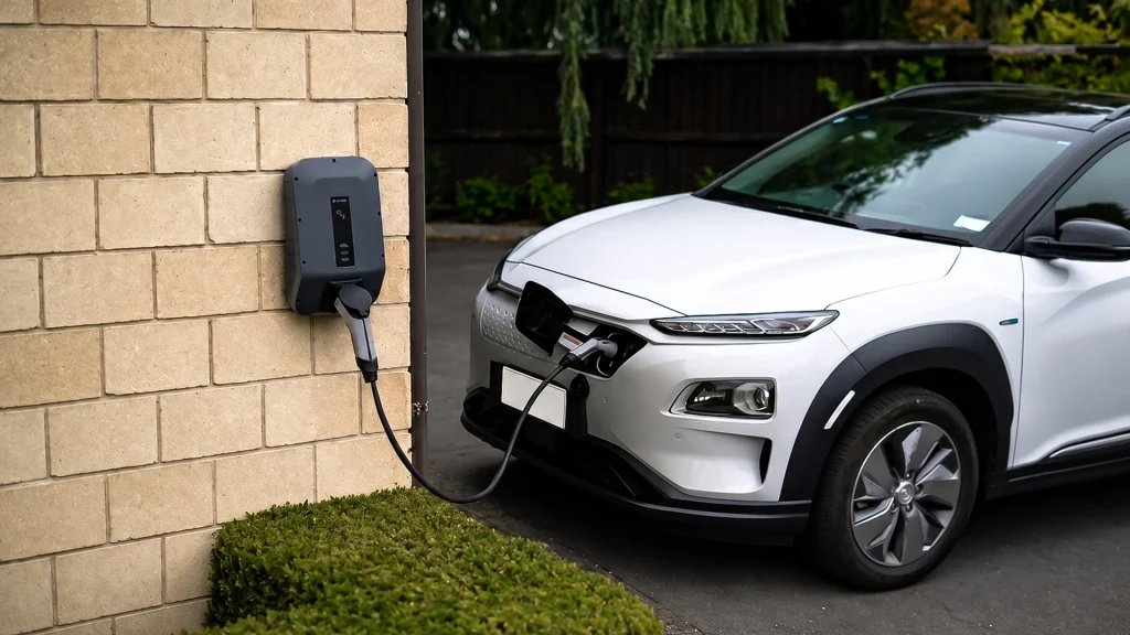 A white EV charging in the backyard