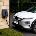 A white EV charging in the backyard 