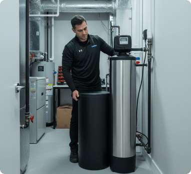 Modern water softener system being installed in North York