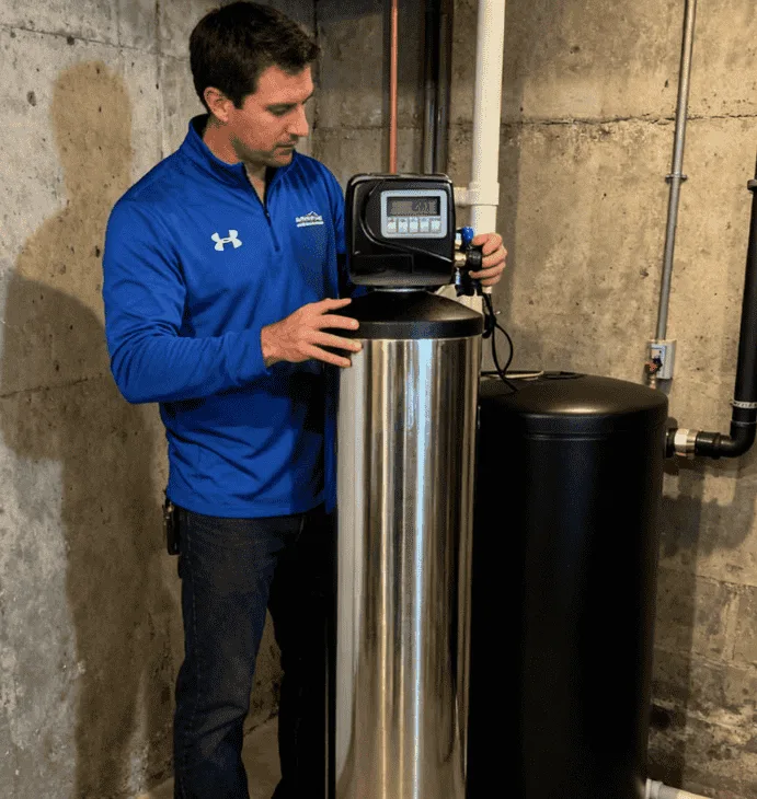 Technician from LG Home Comfort installing a water purifier in Kitchener home