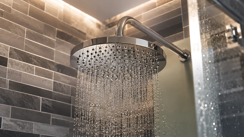 A grey stainless steel shower head