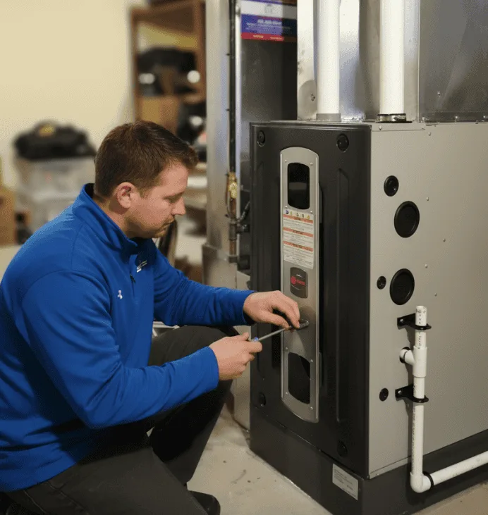 Technician repairing furnace with screwdriver.