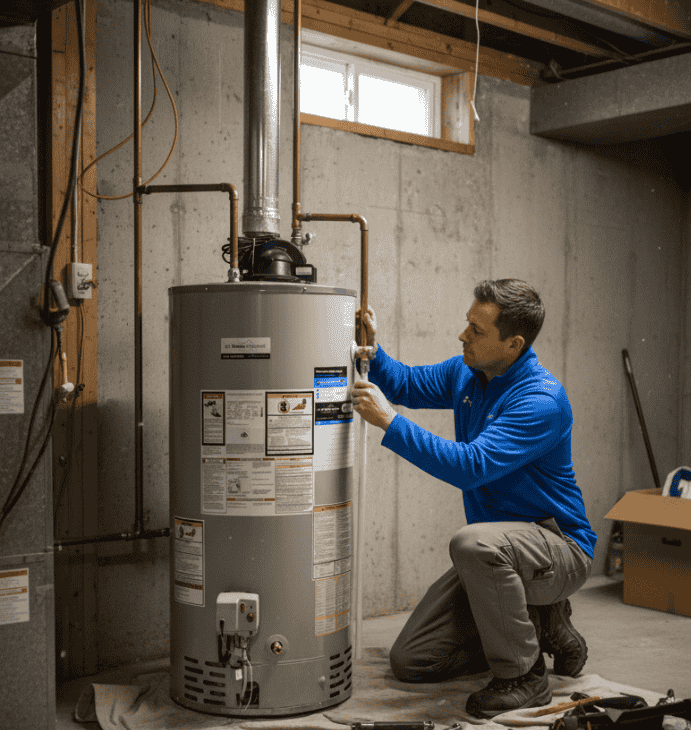 Contractor attaching flexible polymer discharge line onto brass pressure relief valve alongside residential natural gas water heater