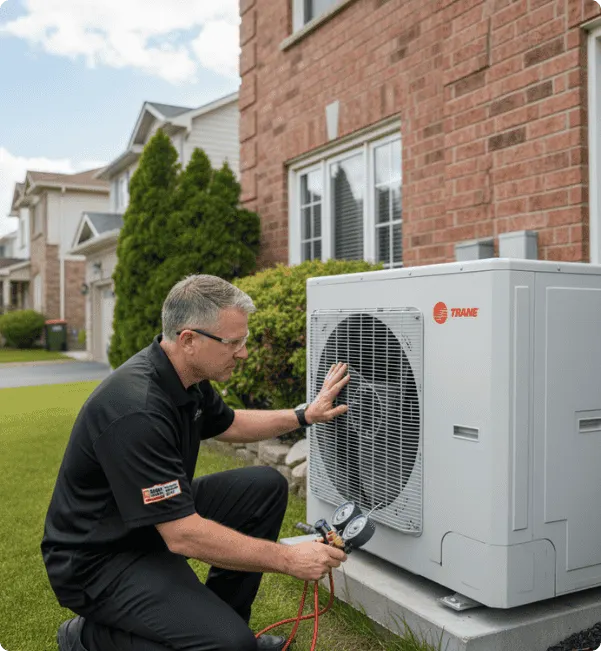 Assessing outdoor Trane HVAC cooling unit metrics via analog manifold gauge set against brick dwelling