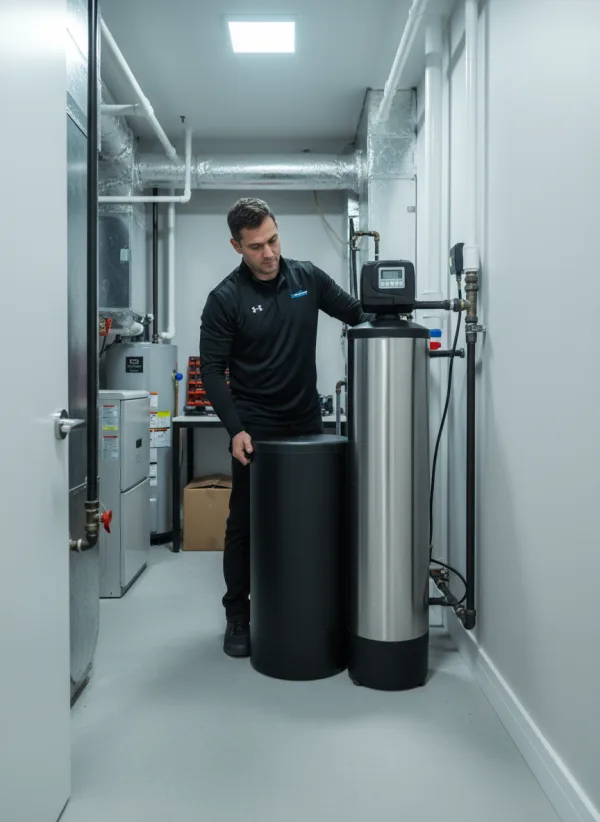 Positioning a saline regeneration tank adjacent to a point-of-entry metallic ion-exchange resin column equipped with an electronic volumetric metered head.