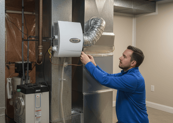 Professional configuring residential AprilAire whole-house humidifier apparatus attached to galvanized sheet metal HVAC return ductwork