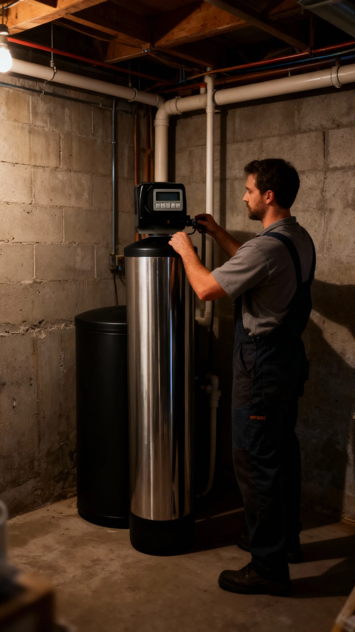 Technician performing routine maintenance and programming on a residential stainless steel water softener system in a basement.