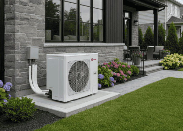 Heat pump unit beside house.