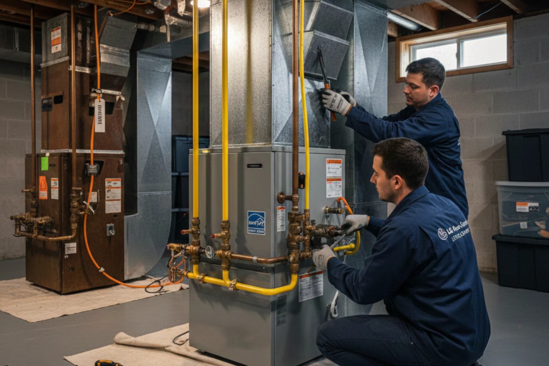 Two HVAC technicians installing a residential furnace, connecting ductwork and gas lines in a basement utility room