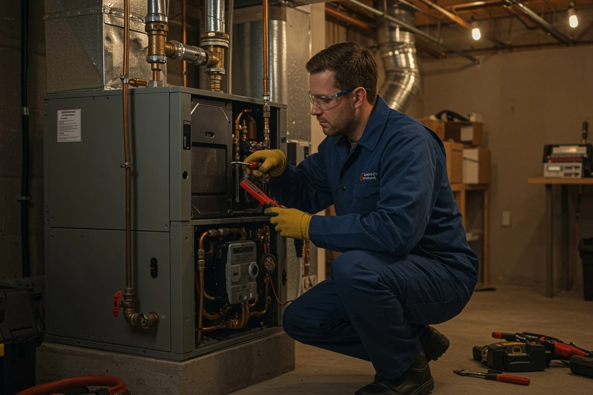 A licensed technician in blue coveralls and safety glasses fixing an open furnace unit in a residential basement