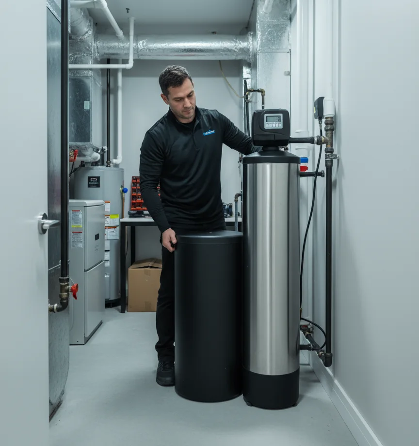 Servicing residential water softener brine tank and media mineral filtration column in basement utility utility area