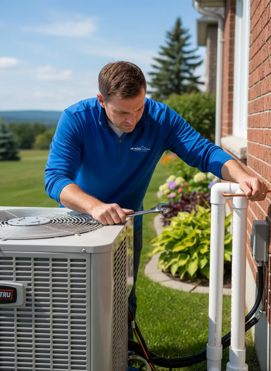 Technician from LG Home Comfort repairing an air conditioner unit in Woodstock to restore cooling efficiency