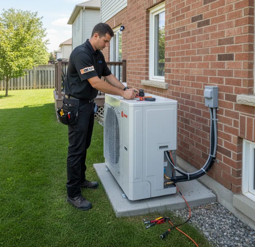 Executing Trane exterior heat pump mechanical maintenance and electrical conduit inspection on residential concrete foundation pad.