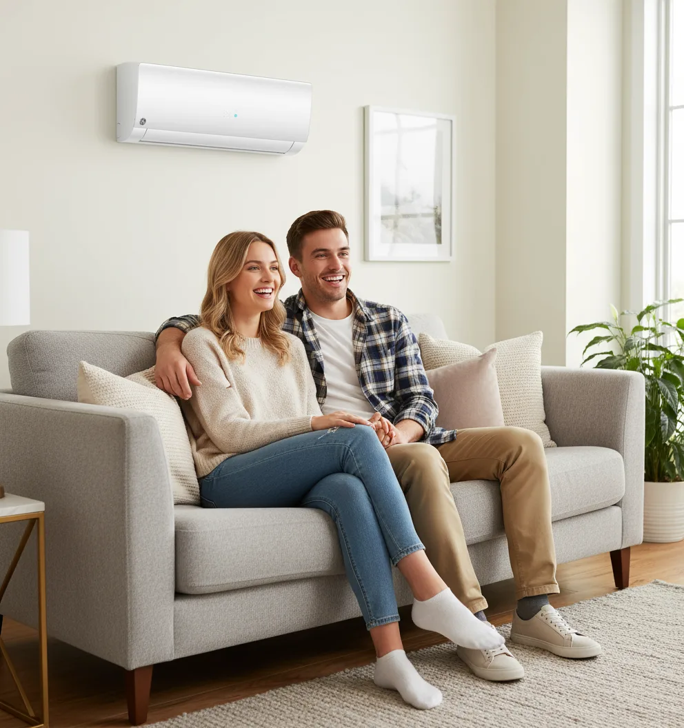 Joyful-couple-celebrating-the-comfort-of-their-living-room-cooled-by-a-new-wall-mounted-air-conditioner-installed-by-LG-Home-Comfort