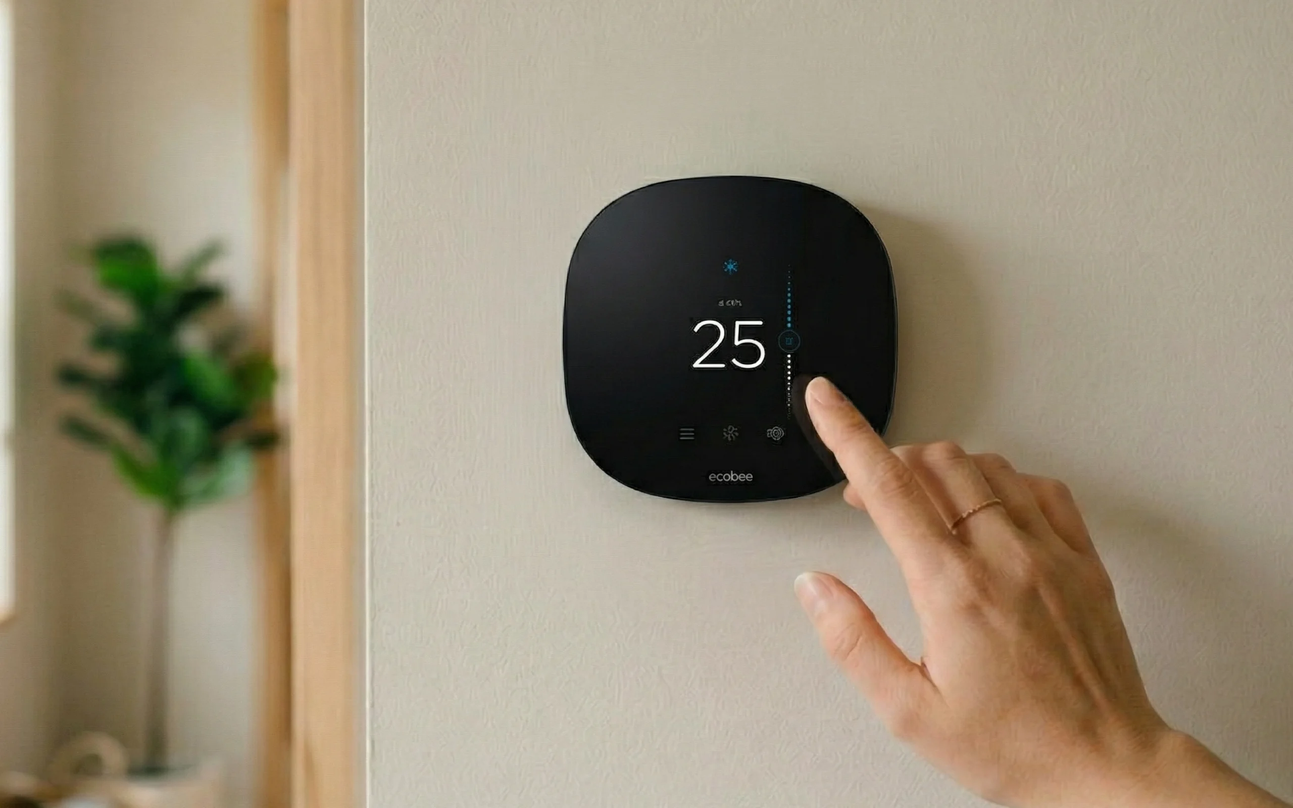 A close-up of a smart thermostat set to 25°C (77°F), the recommended energy-efficient temperature setting for Ontario homeowners using a heat pump in summer.