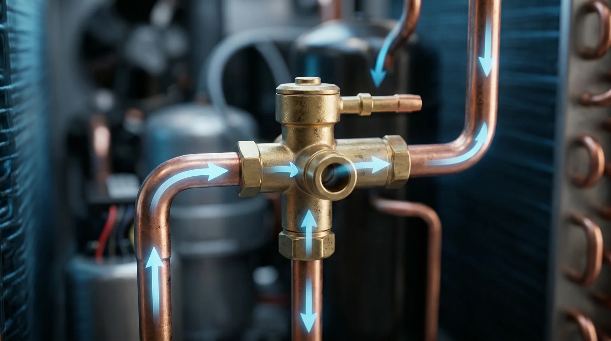 A detailed 3D render of a heat pump reversing valve, the component that allows the system to switch from heating to cooling mode for summer use. 