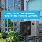 A modern residential home in Ontario during a sunny summer day featuring a sleek LG Home Comfort outdoor heat pump unit installed on a clean concrete pad.