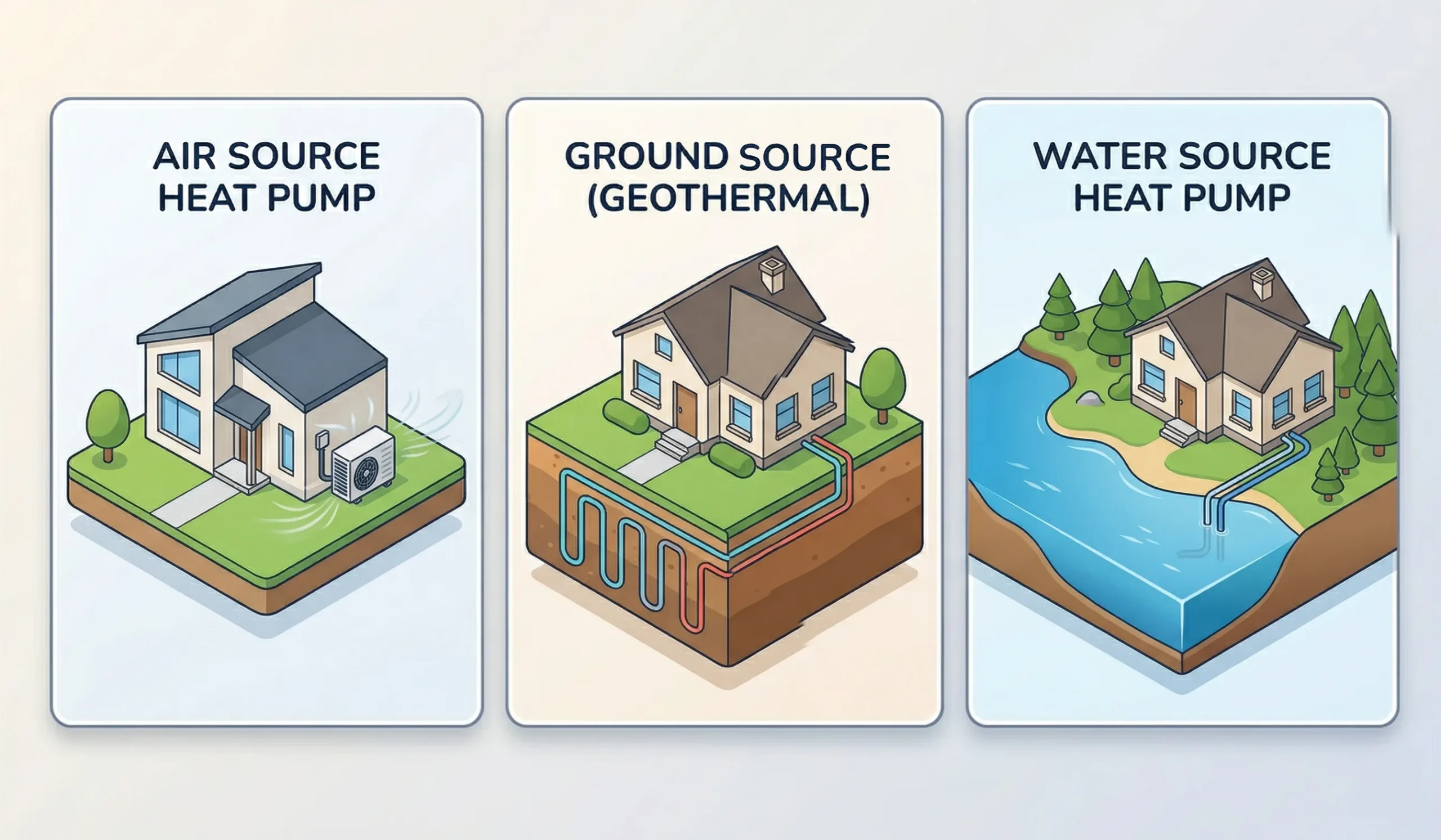 A side-by-side comparison of air source, ground source (geothermal), and water source heat pump systems for residential cooling in Canada. 