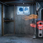 A home furnace blower unit repeatedly turning on and off on a cold winter night in Ontario, with on/off cycling symbols and warning icons indicating short cycling issues, set against a dimly lit cozy home interior with frost visible through the window