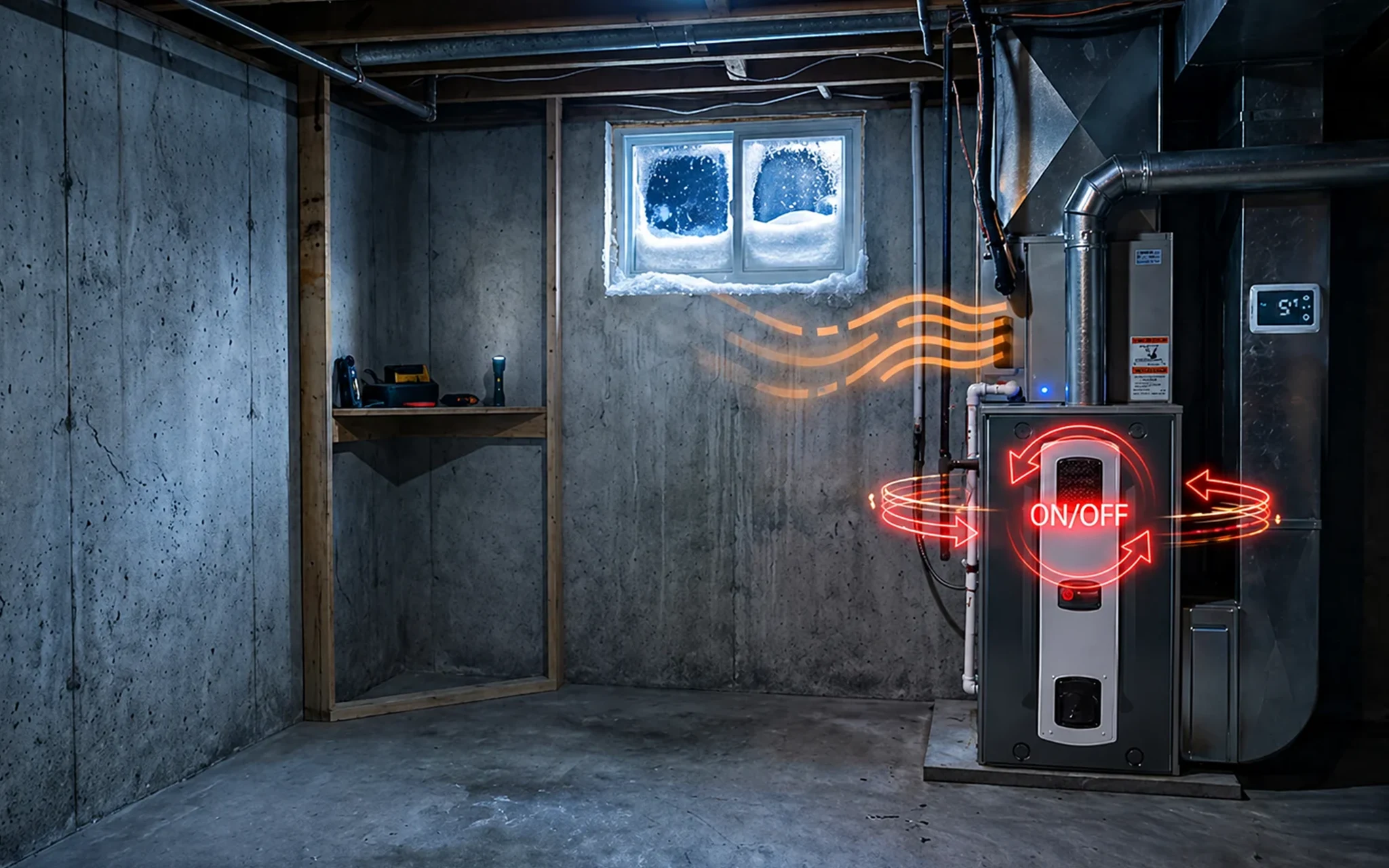 A home furnace blower unit repeatedly turning on and off on a cold winter night in Ontario, with on/off cycling symbols and warning icons indicating short cycling issues, set against a dimly lit cozy home interior with frost visible through the window