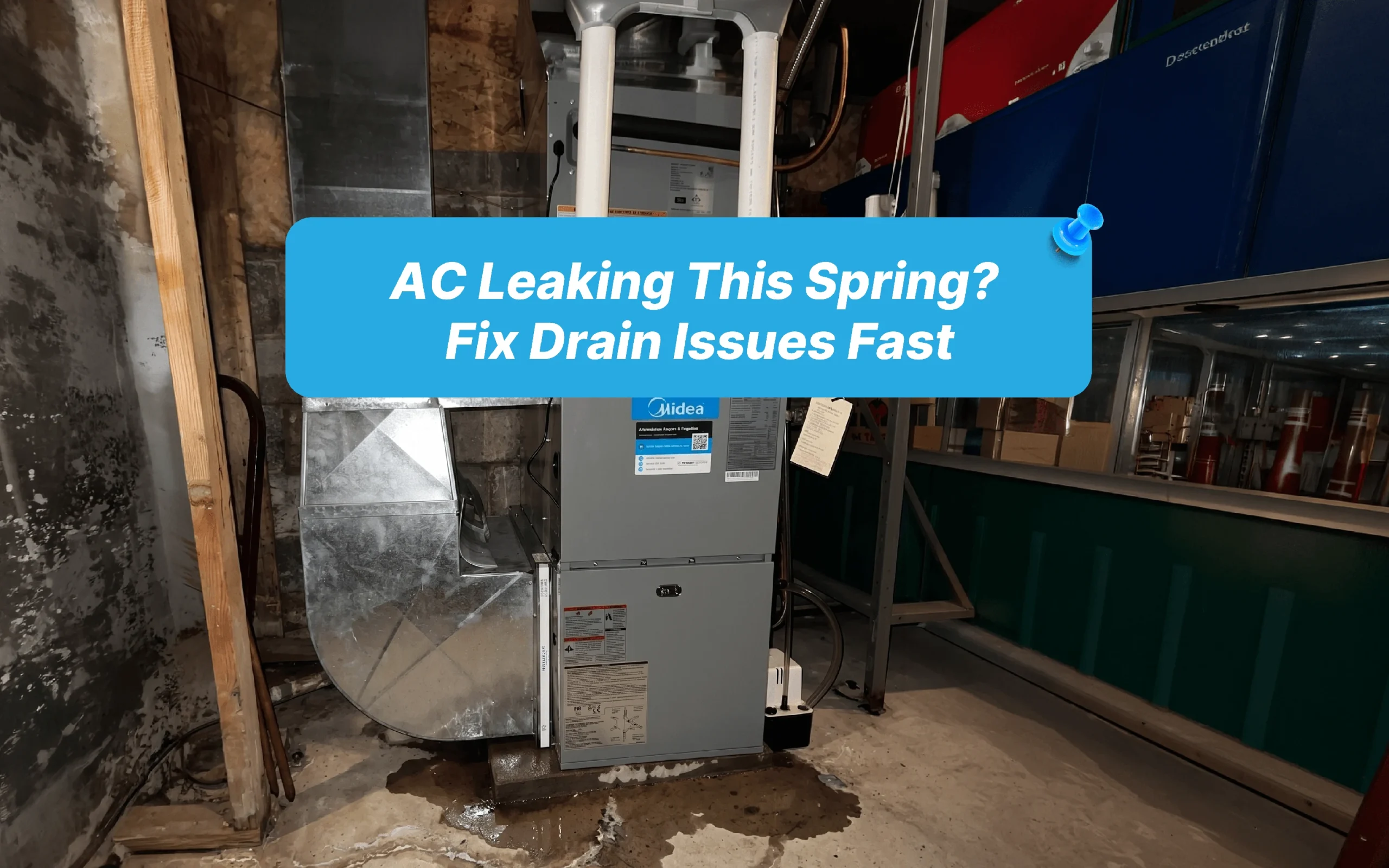 Basement HVAC system leaking water from AC drain issue in spring