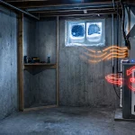 A home furnace blower unit repeatedly turning on and off on a cold winter night in Ontario, with on/off cycling symbols and warning icons indicating short cycling issues, set against a dimly lit cozy home interior with frost visible through the window