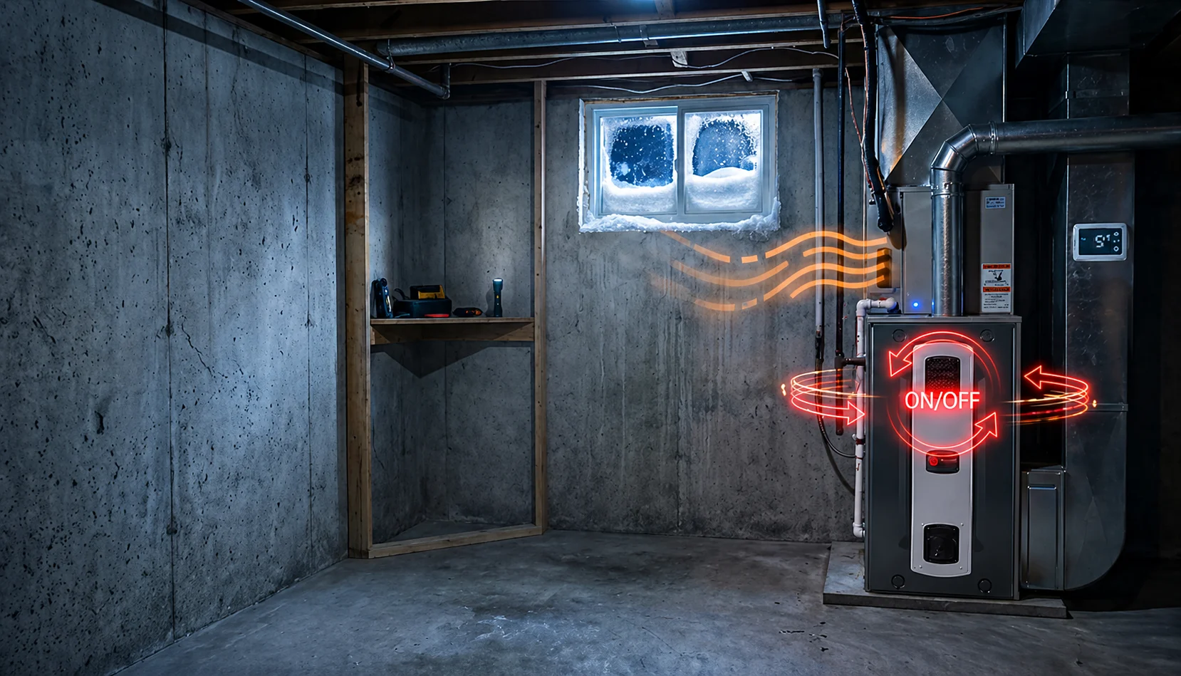 A home furnace blower unit repeatedly turning on and off on a cold winter night in Ontario, with on/off cycling symbols and warning icons indicating short cycling issues, set against a dimly lit cozy home interior with frost visible through the window