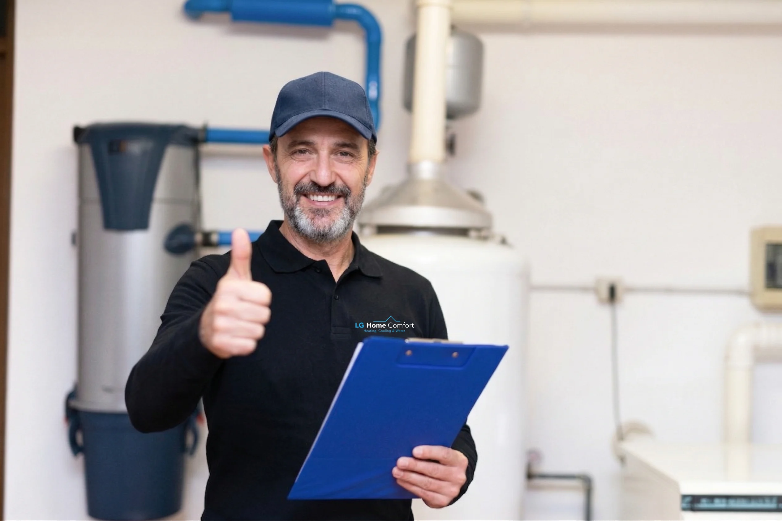 LG Home Comfort worker giving a thumbs-up beside a water heater.