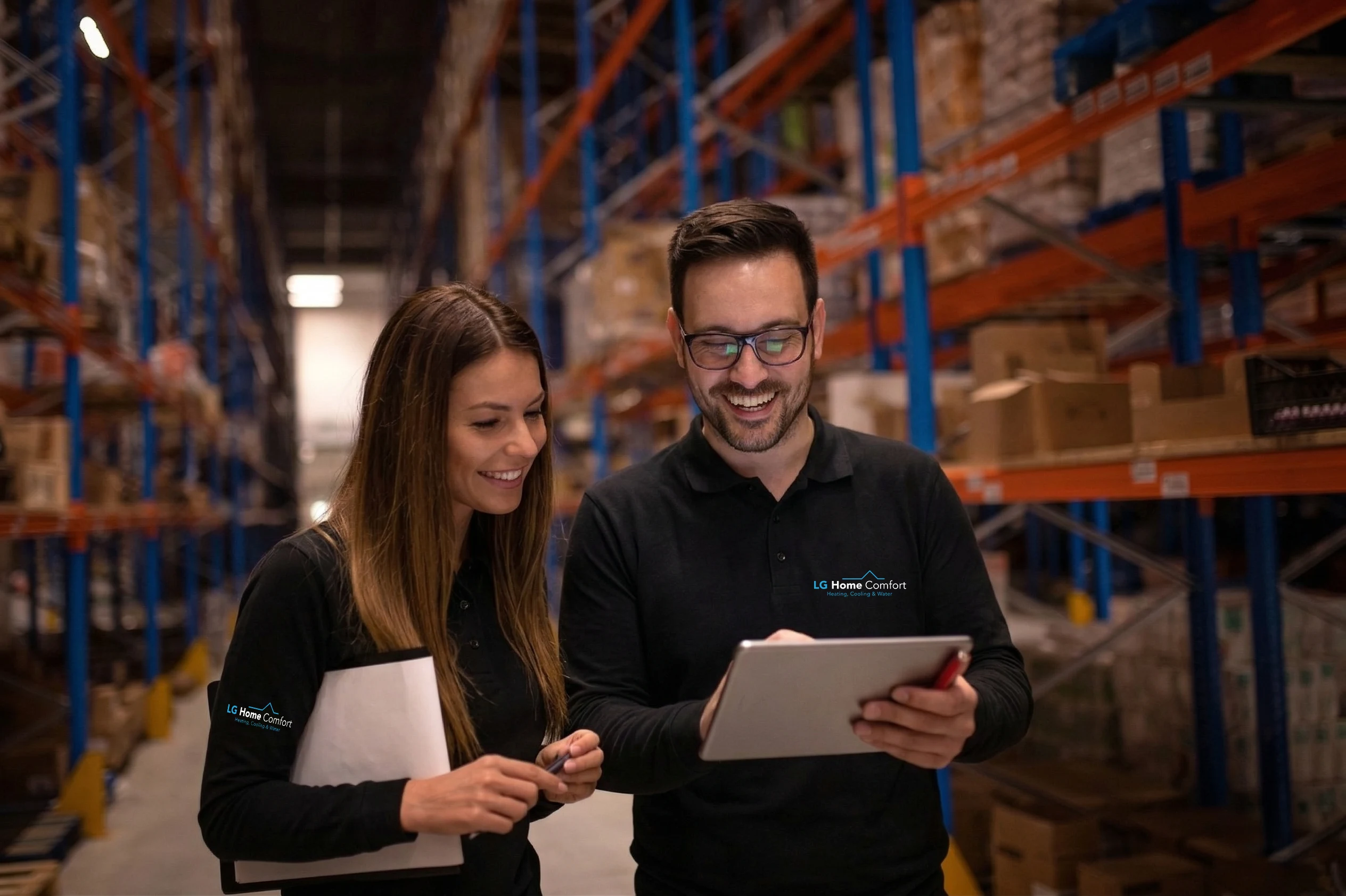 LG Home Comfort staff reviewing inventory in a warehouse.