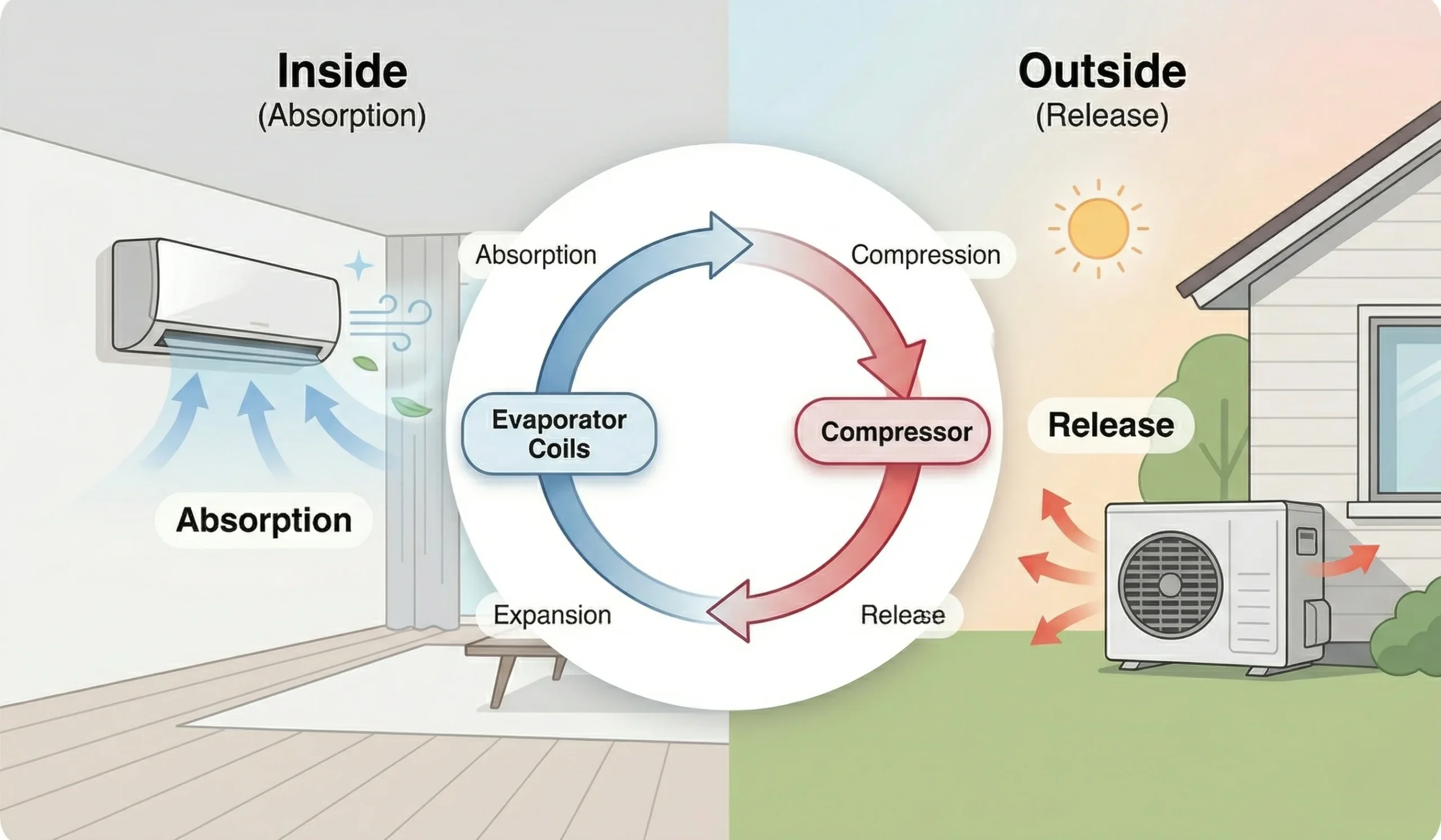 Technical infographic explaining the 4-step heat pump cooling cycle: absorption of indoor heat, compression, outdoor heat release, and refrigerant expansion. 