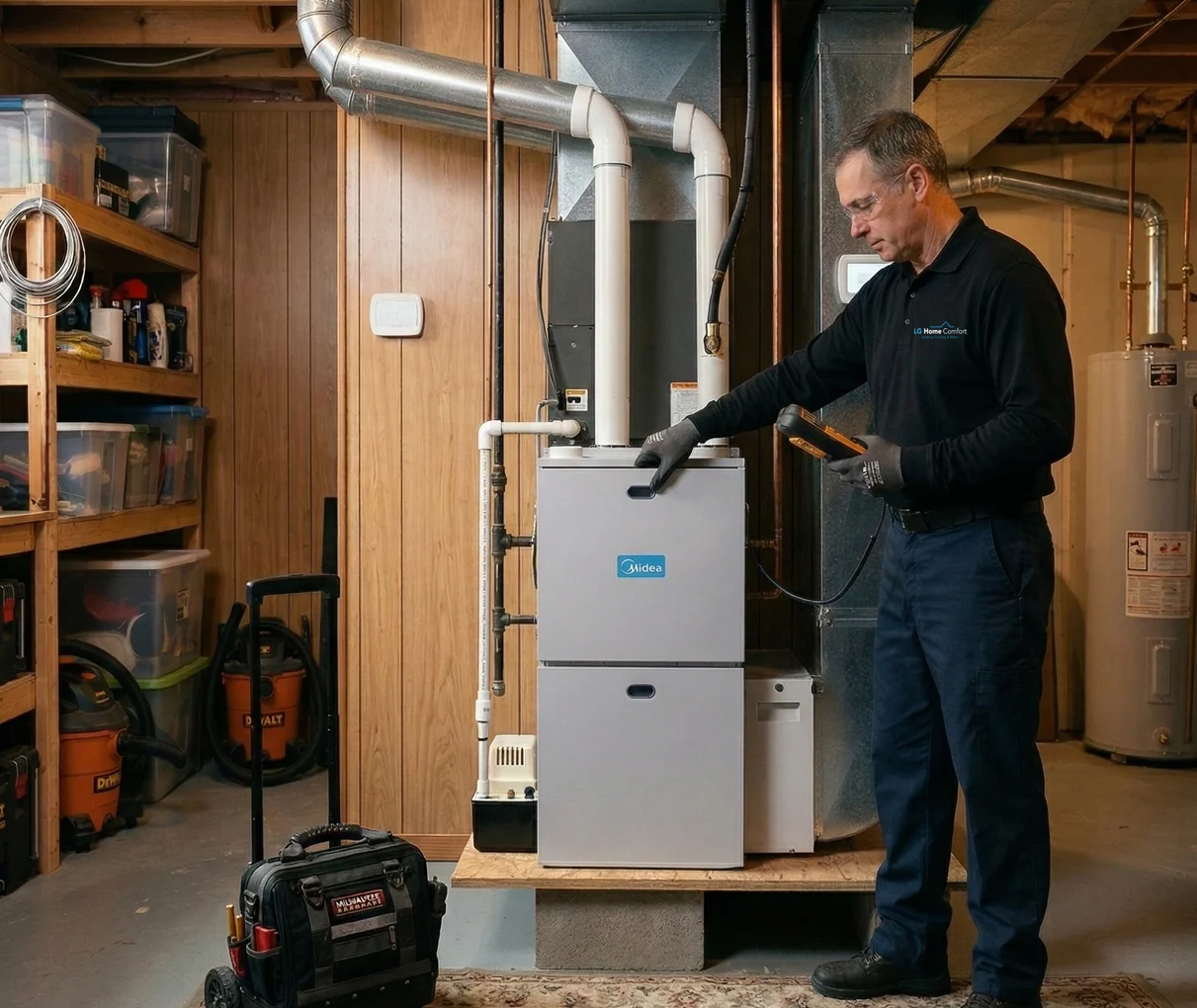 A brand-new, high-efficiency gas furnace professionally installed in a basement, designed to take the worry out of heating your home with one of our re