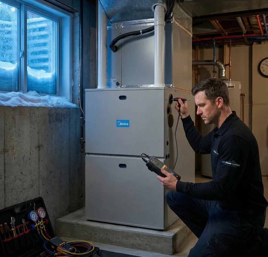 A certified HVAC technician performing expert furnace repair services to restore heat for a residential home in Vaughan