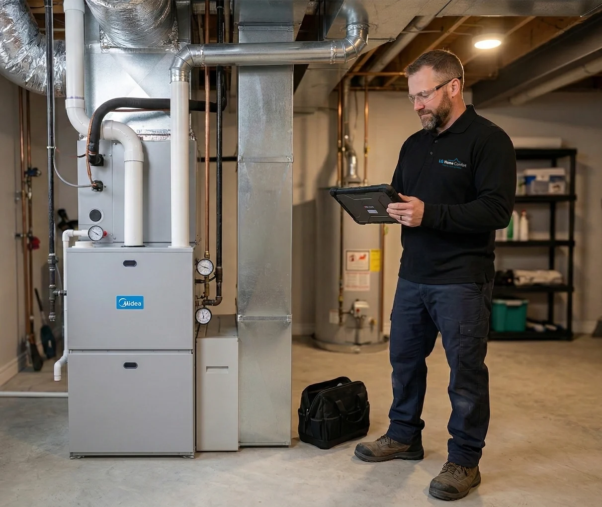 A certified heating technician examining the internal components of a high-efficiency residential gas furnace, helping local homeowners keep warm with exp