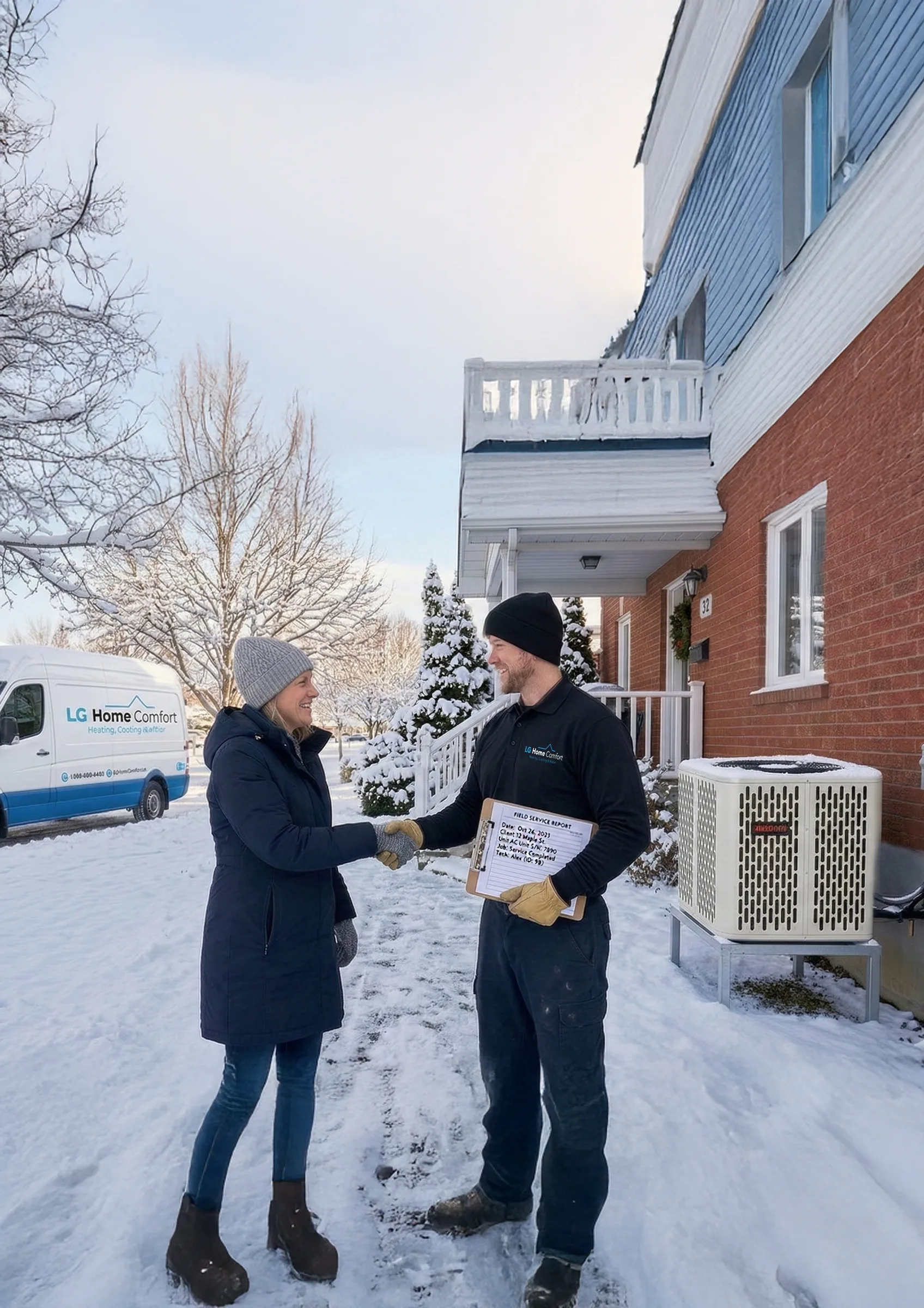 A friendly, uniformed LG Home Comfort technician providing expert advice to homeowners, representing Binbrook’s most trusted HVAC professionals in Binbrook, Ontario