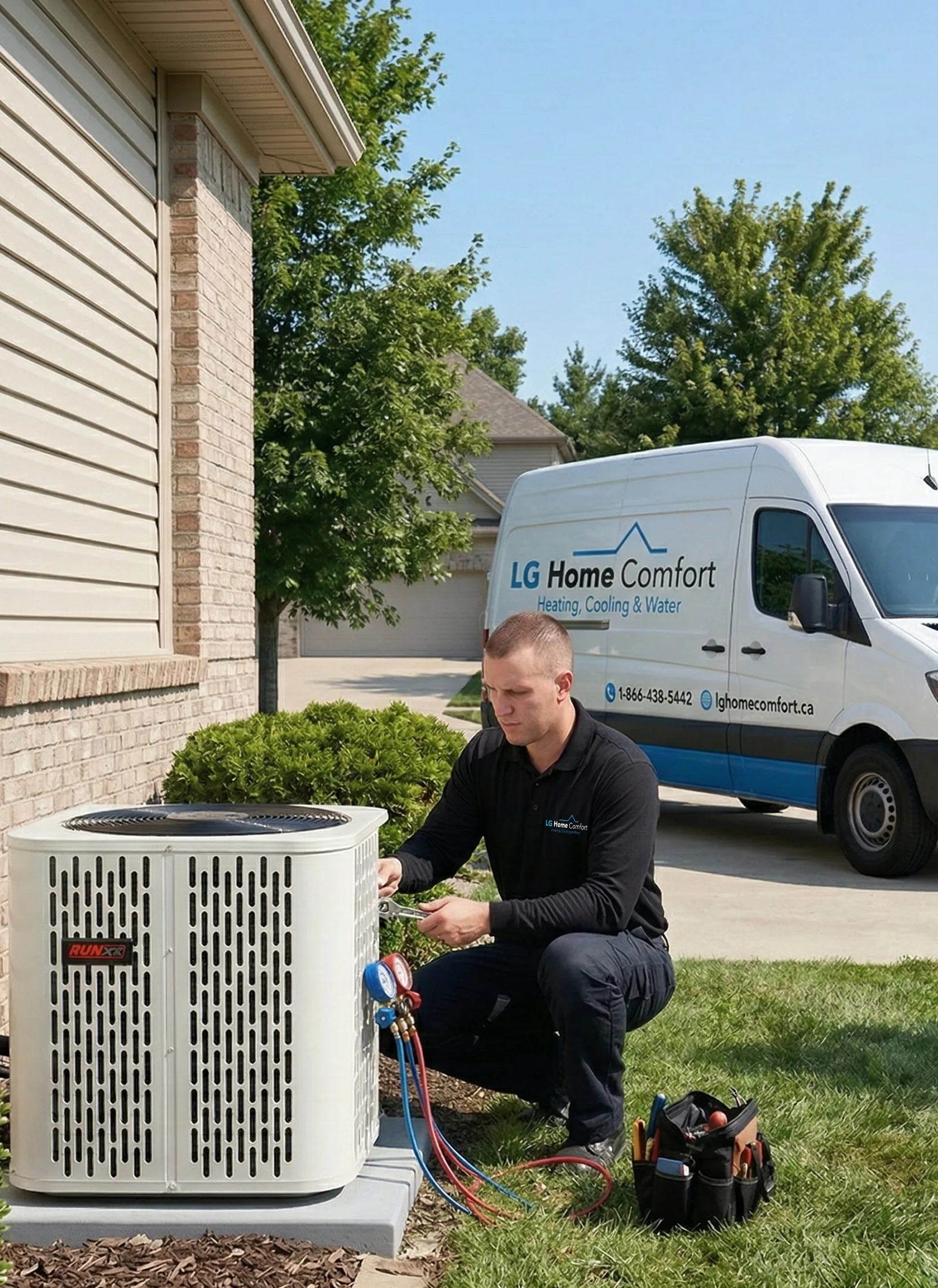 A licensed professional inspecting a residential water heater and HVAC system, providing hassle-free heating, cooling, and water services to homeowners