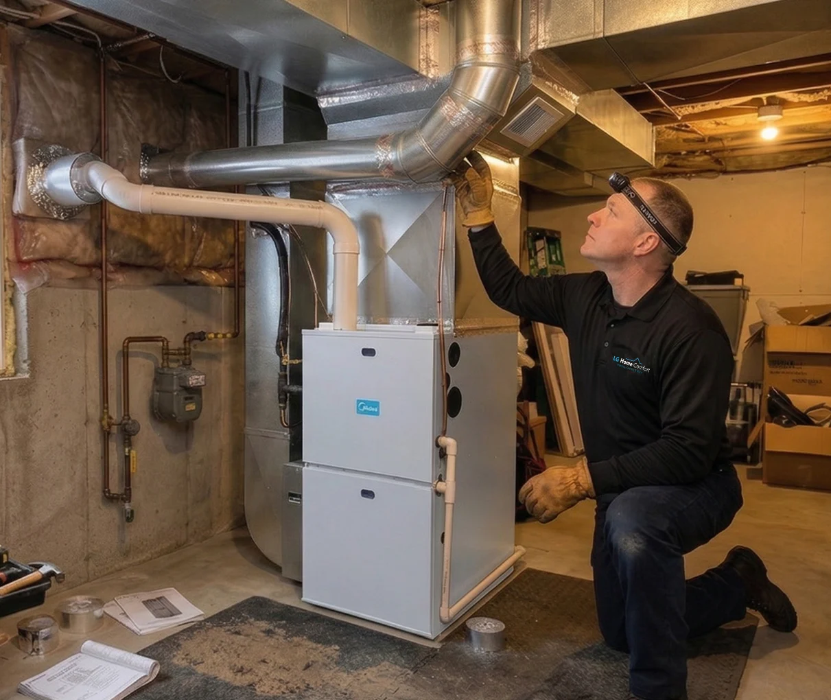 A newly installed high-efficiency residential furnace system in a home utility room, designed to help you stay warm this winter with our professional furnace solutions in Binbrook, Ontario