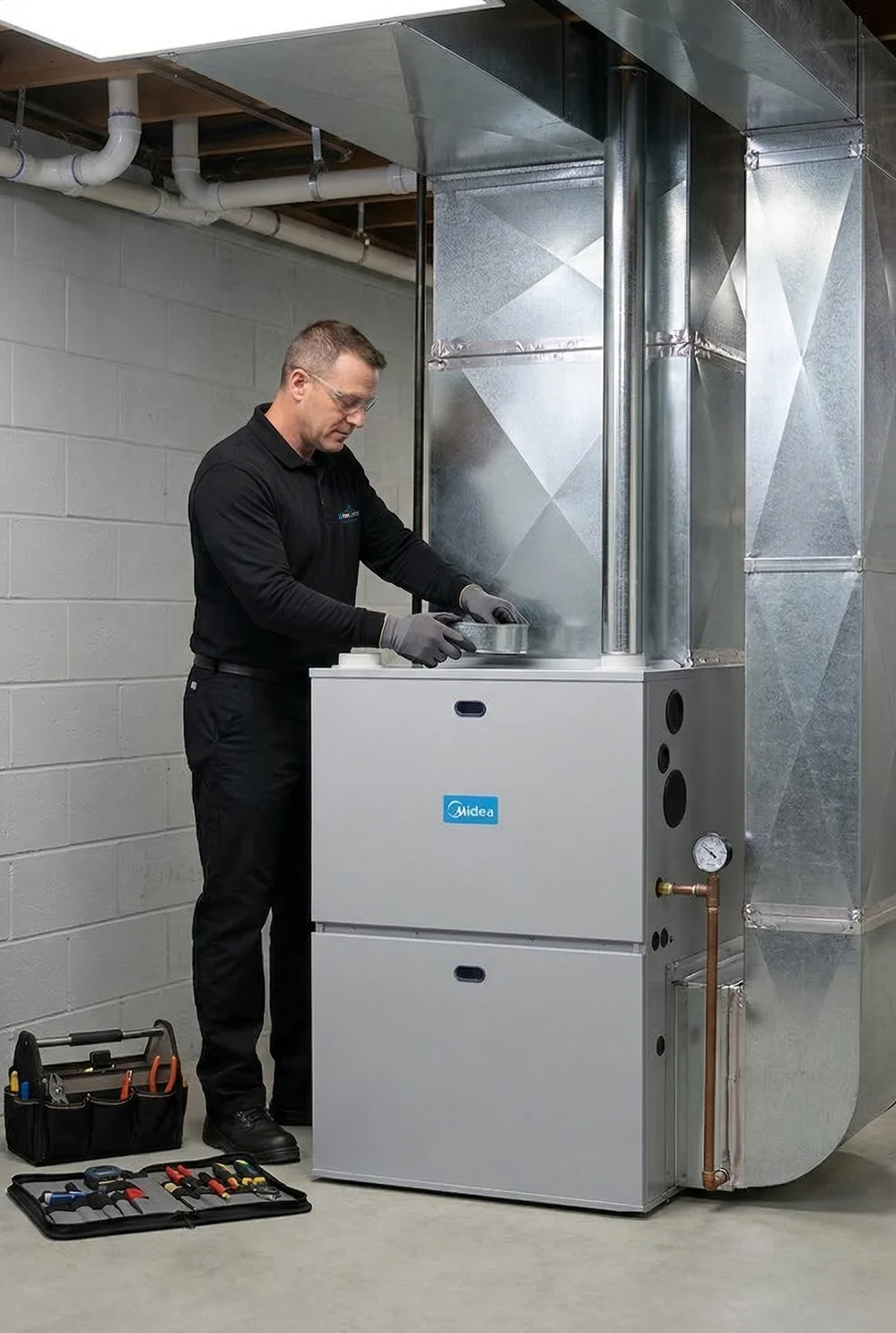 A professional HVAC technician installing a high-efficiency central air conditioning system for a homeowner in Vaughan