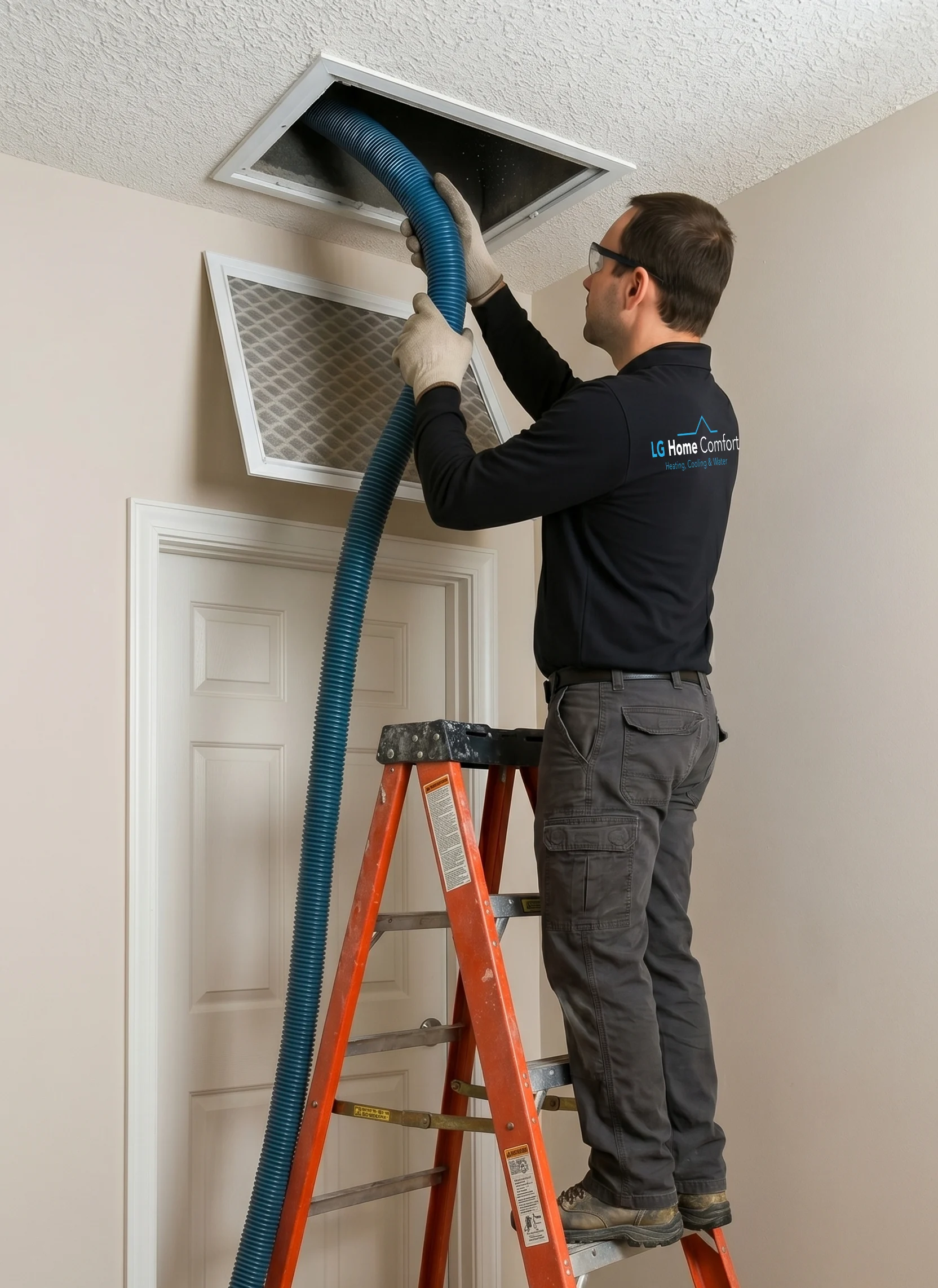 A professional HVAC technician using heavy-duty vacuum equipment to perform deep duct cleaning services for a healthy, energy-efficient, and dust-free