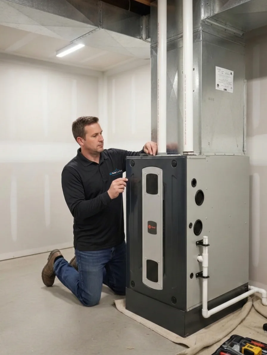 A skilled technician performing a professional inspection on an outdoor HVAC unit, showcasing our comprehensive heating, cooling, and water services in